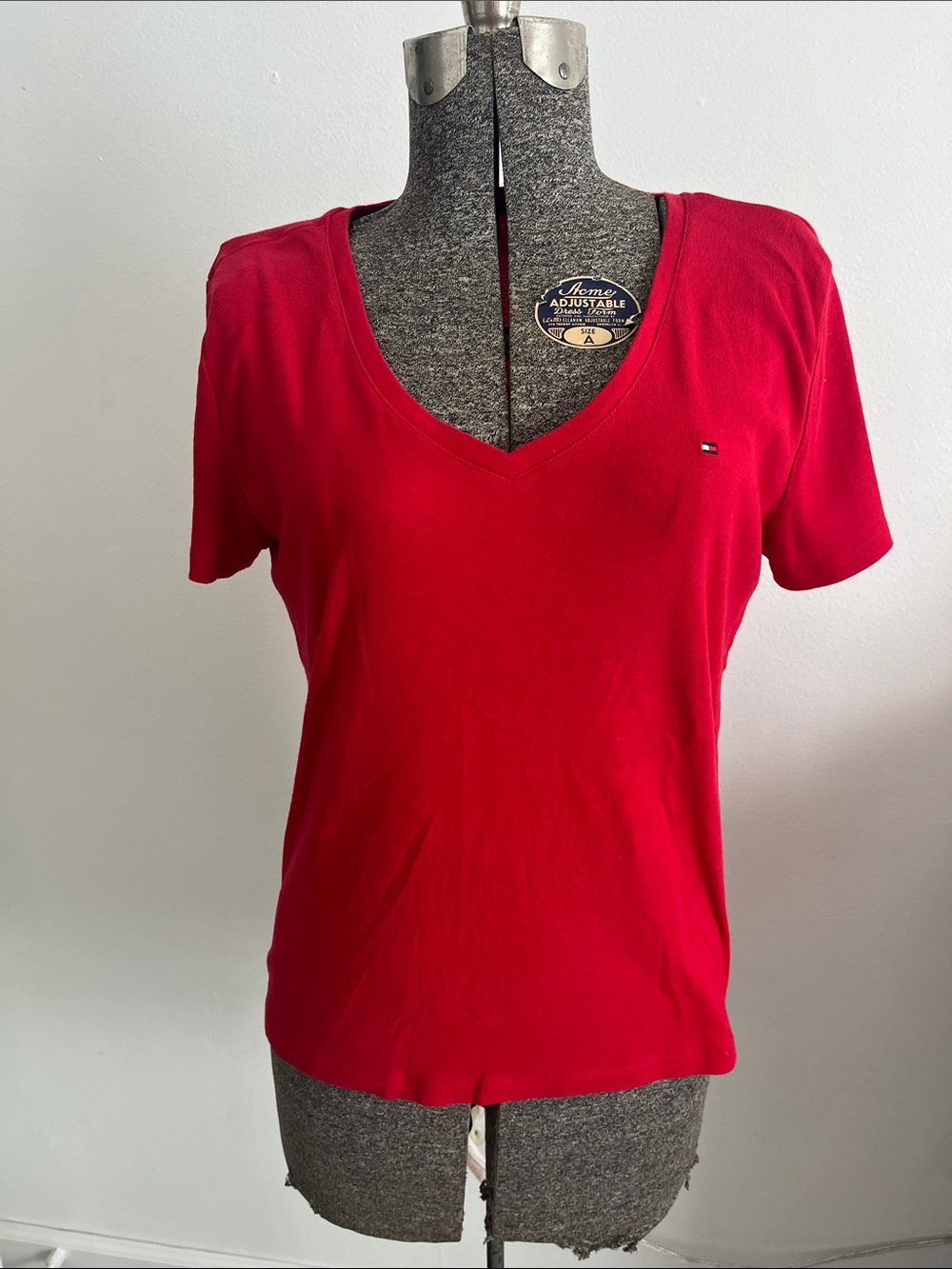 Tommy Hilfiger Red V-Neck Short Sleeve Tee with Flag Logo
